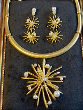 Gold Pearl Burst Pendant Necklace Earrings Set - Women Jewelry
